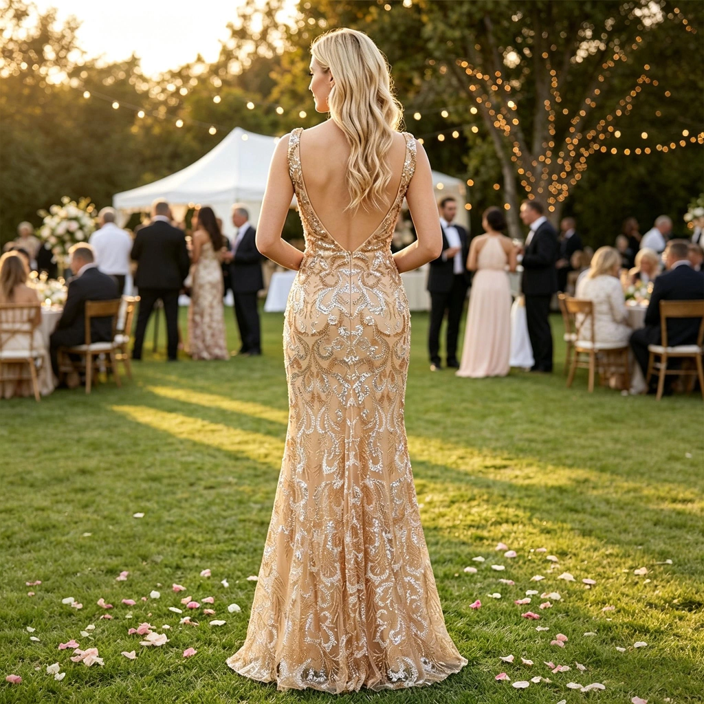 Second image of Champagne-colored lace sequin V-neck backless mermaid-style gown