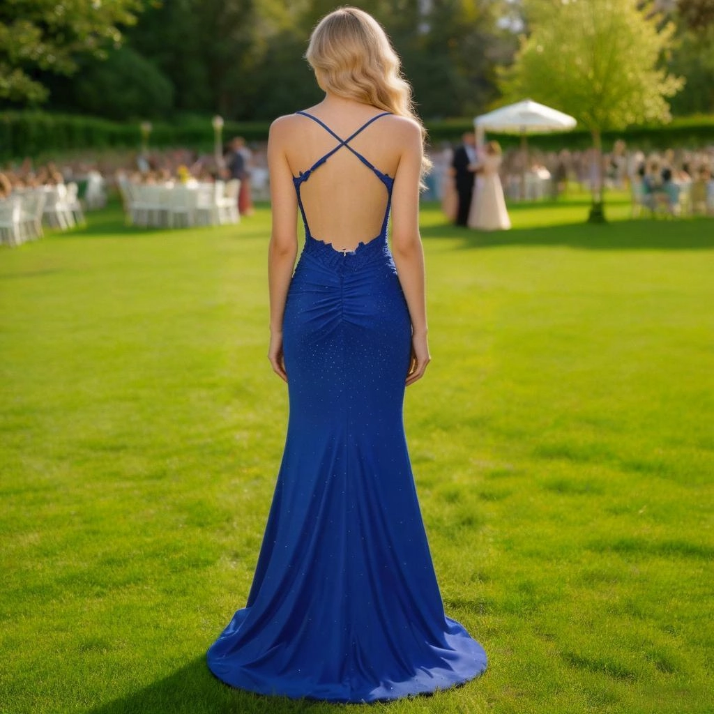 Second image of Royal blue lace backless mermaid-style maxi gown