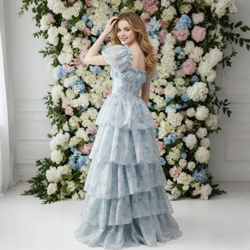 Second image of Light blue floral print ball gown with puff sleeves and tiered ruffles
