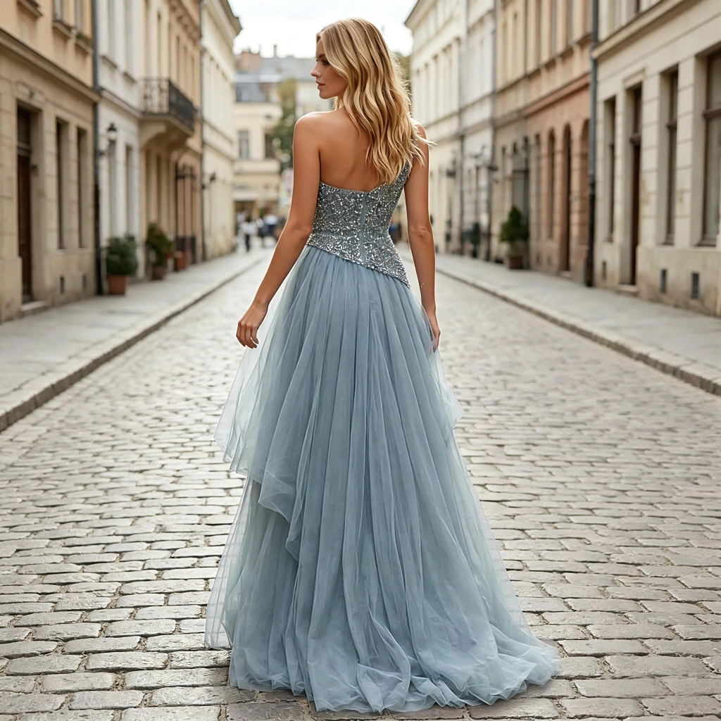Second image of Smoky Blue One-Shoulder Beaded Tulle A-Line Split Evening Gown