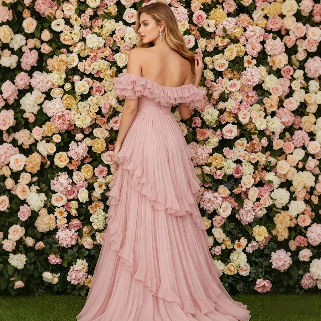 Second image of Nude-pink off-the-shoulder layered ruffled tulle gown