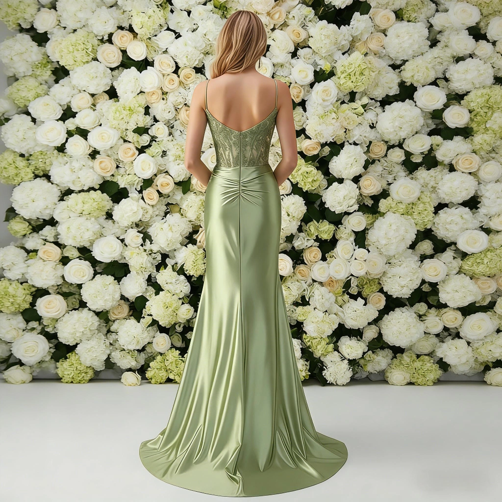 Second image of Avocado Green Satin Lace Mermaid-Style Split-Hem Gown